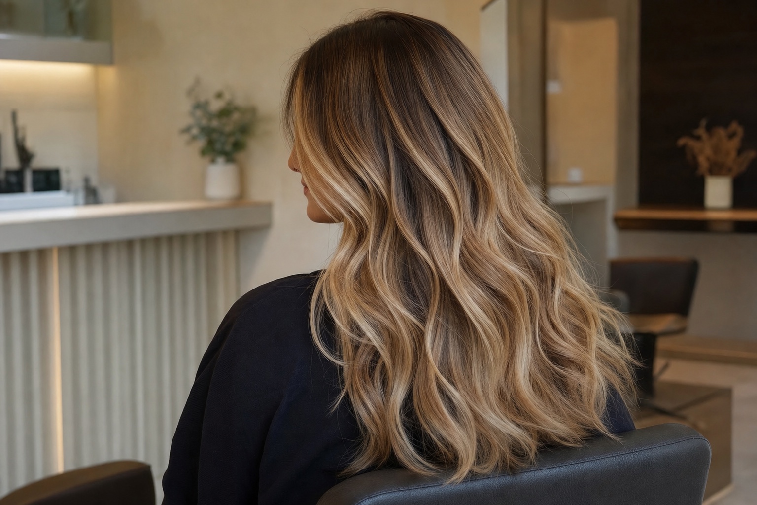 Mulher com cabelo comprido ondulado em tons louros, imagem editorial da Susana Silva Cabeleireiros